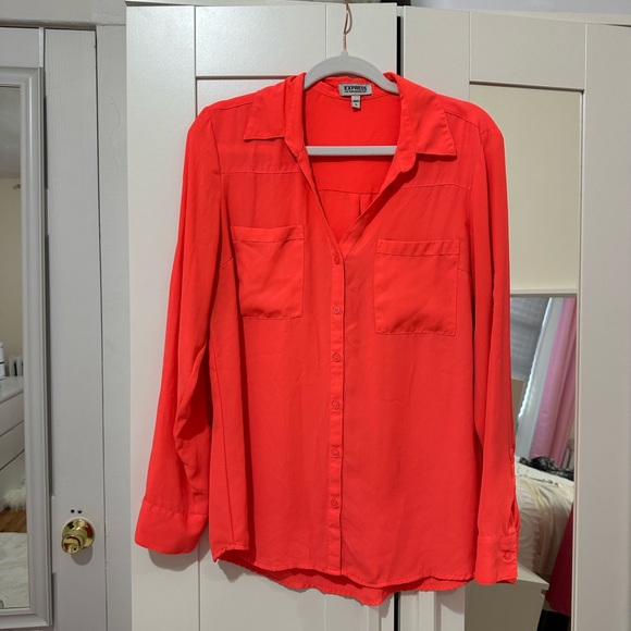 Express Tops - Express Women's Neon Orange Button-Up Blouse